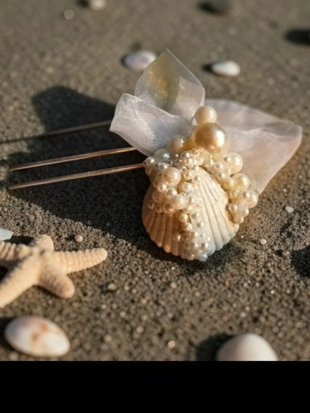Pearl Seashell Bridal Hair Clip with Sheer Organza Bow